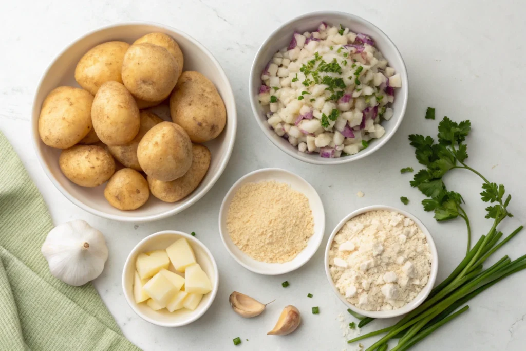  Ingredients for Passover potato pie neatly displayed on a counter.