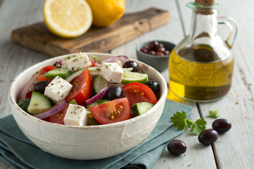 Ina Garten's Greek salad served in a white bowl with fresh vegetables and feta.