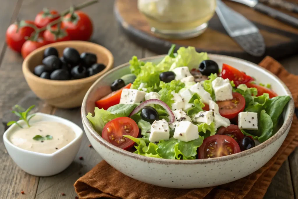 Panera Bread Greek Salad served with creamy dressing.