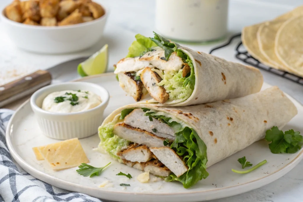 A Caesar chicken wrap cut in half on a plate.