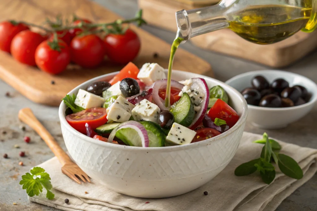 A Greek salad served in a white bowl with fresh vegetables and feta.