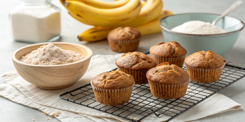 Freshly baked gluten-free banana muffins on a cooling rack.