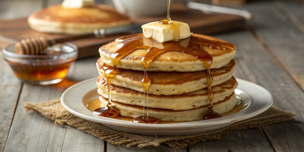 A stack of Cracker Barrel pancakes topped with butter and drizzled with syrup.