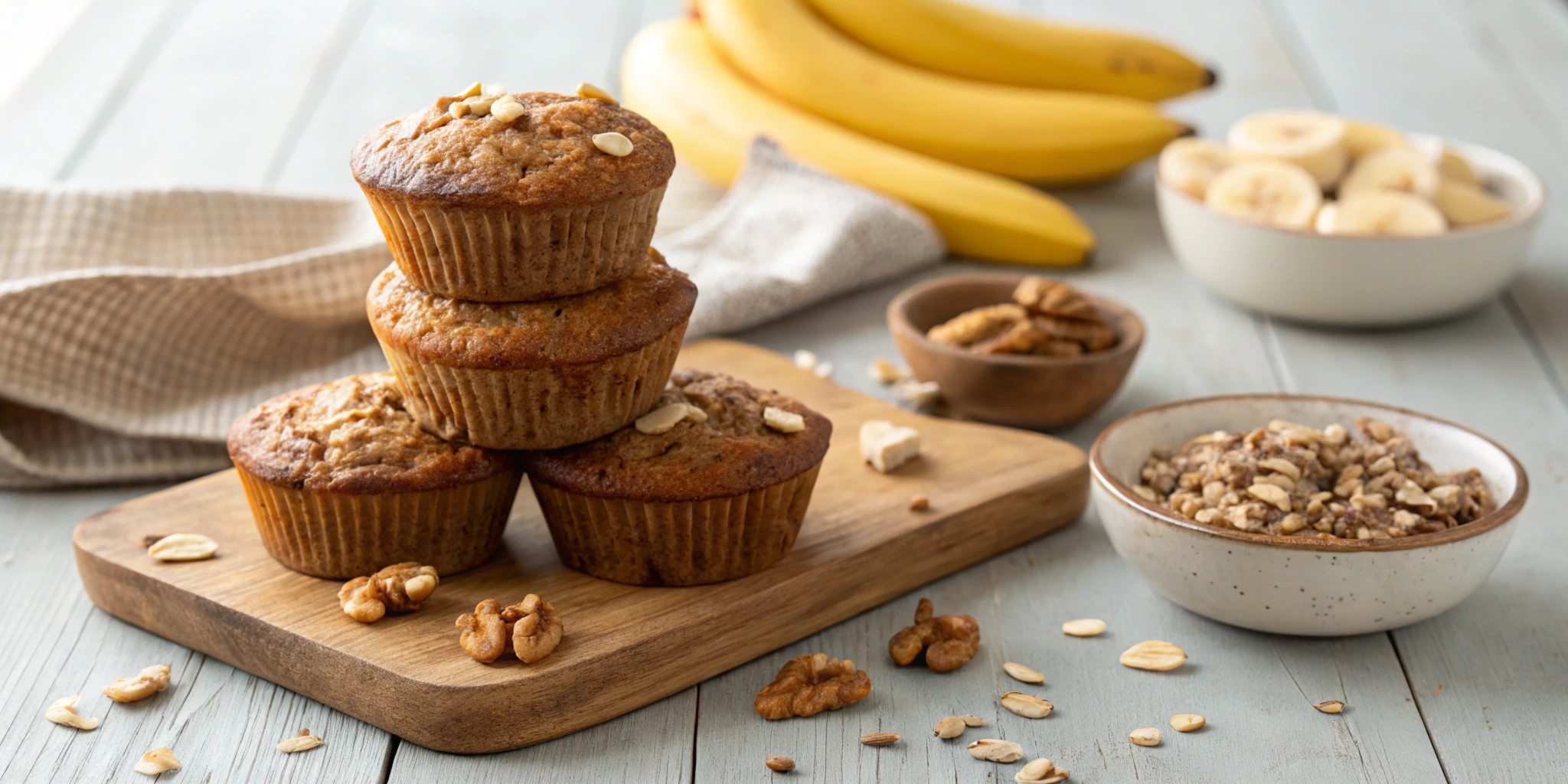 A stack of gluten-free banana nut bread muffins on a wooden table.