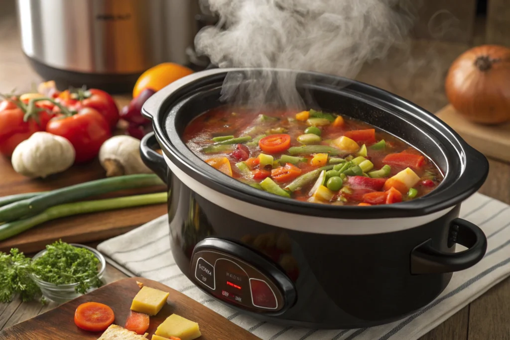 Crockpot with hearty vegetable stew inside