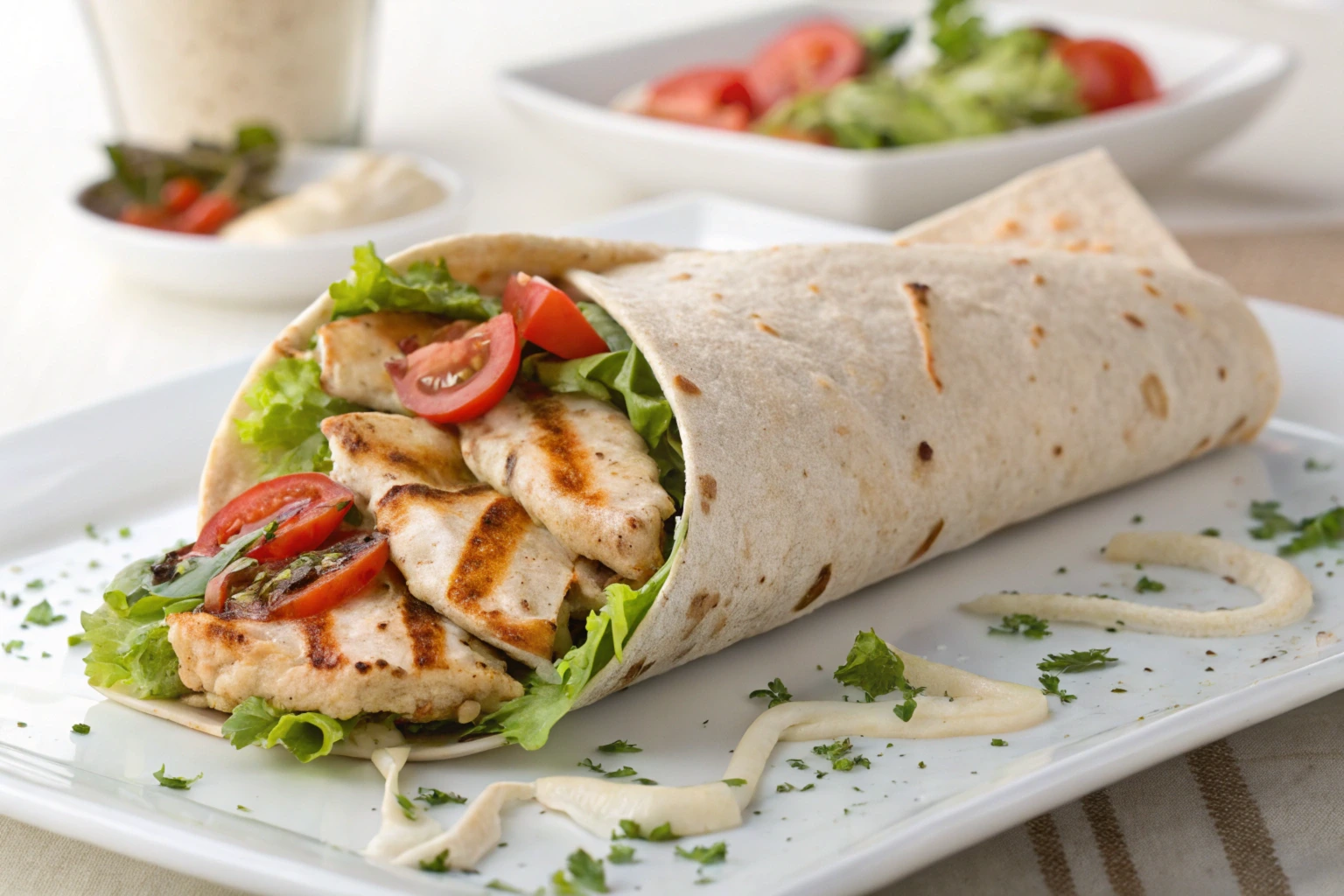 Healthy Caesar chicken wrap with fresh ingredients on a plate