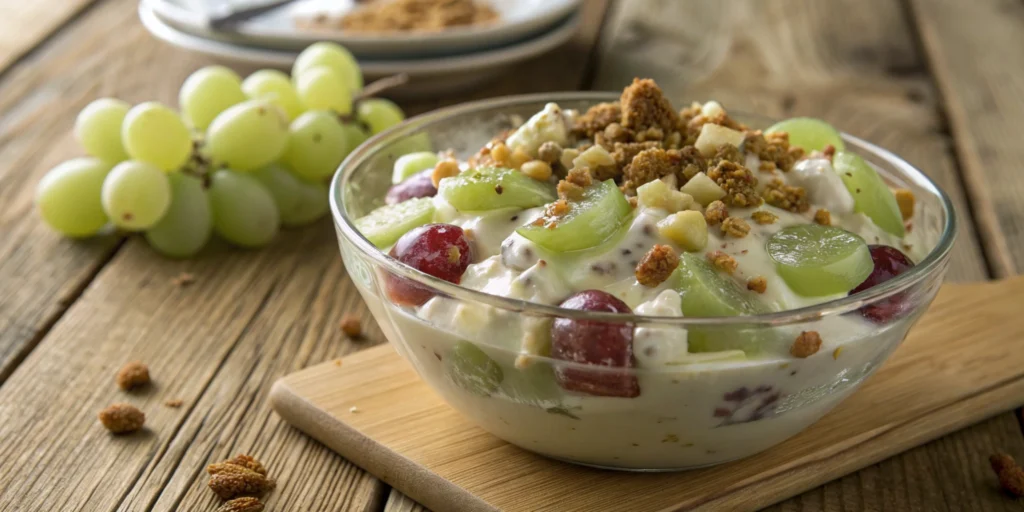 A bowl of creamy grape salad topped with brown sugar and nuts.