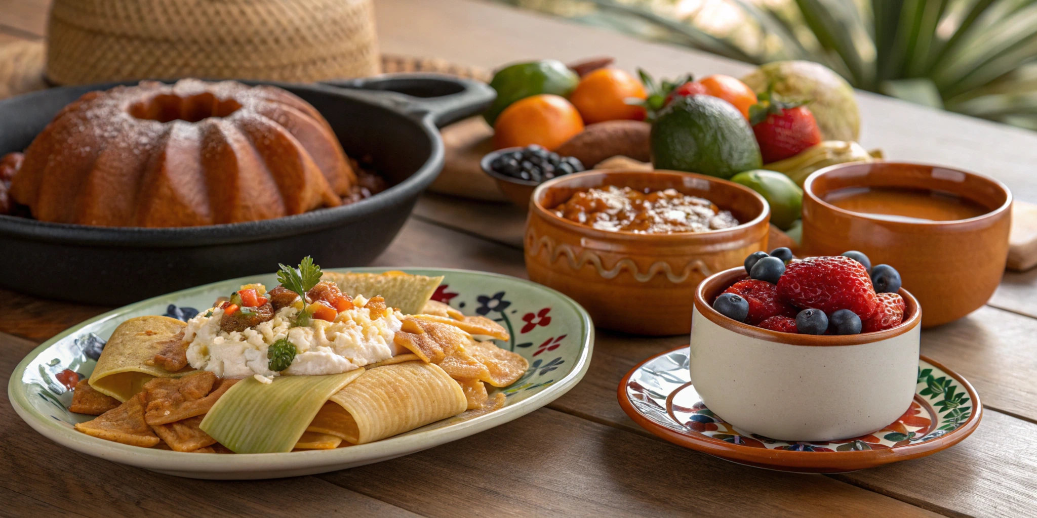 A colorful spread of Mexican breakfast dishes, including chilaquiles, tamales, and pan dulce.