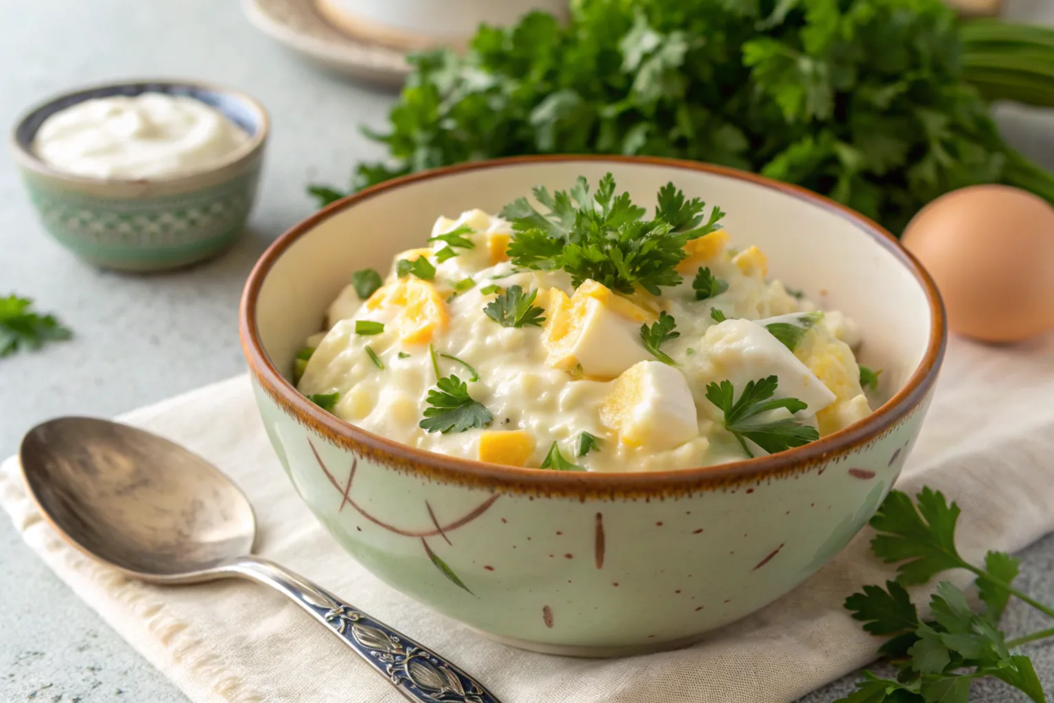 A bowl of egg salad with Greek yogurt, garnished with herbs.