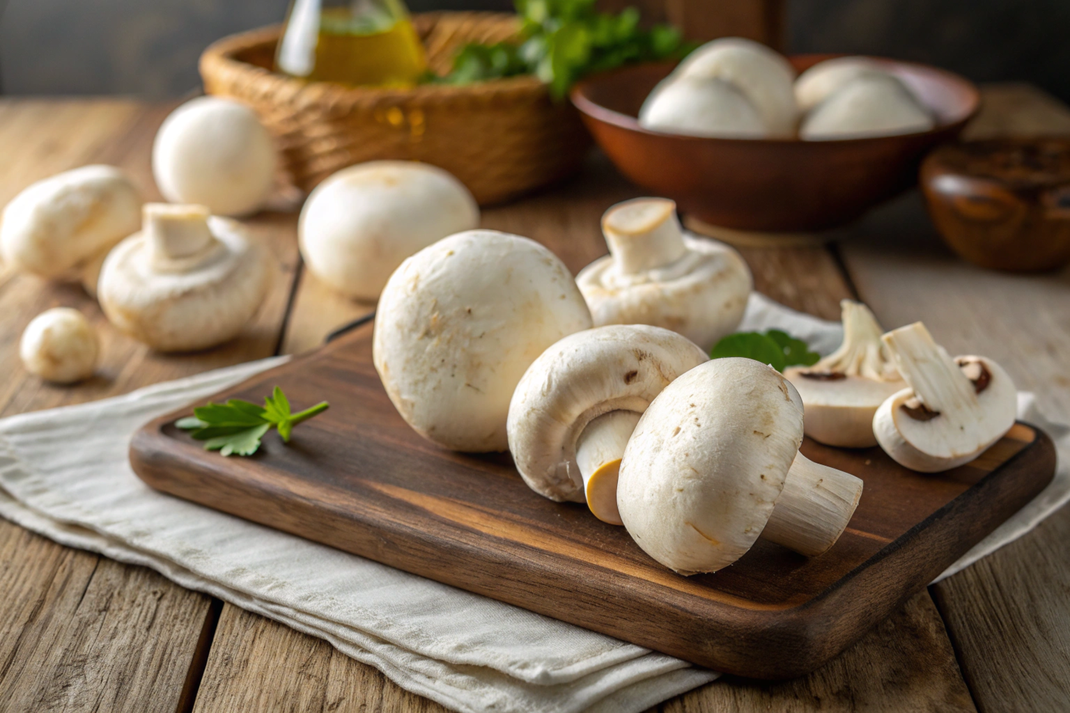 Fresh button mushrooms on a wooden kitchen counter.