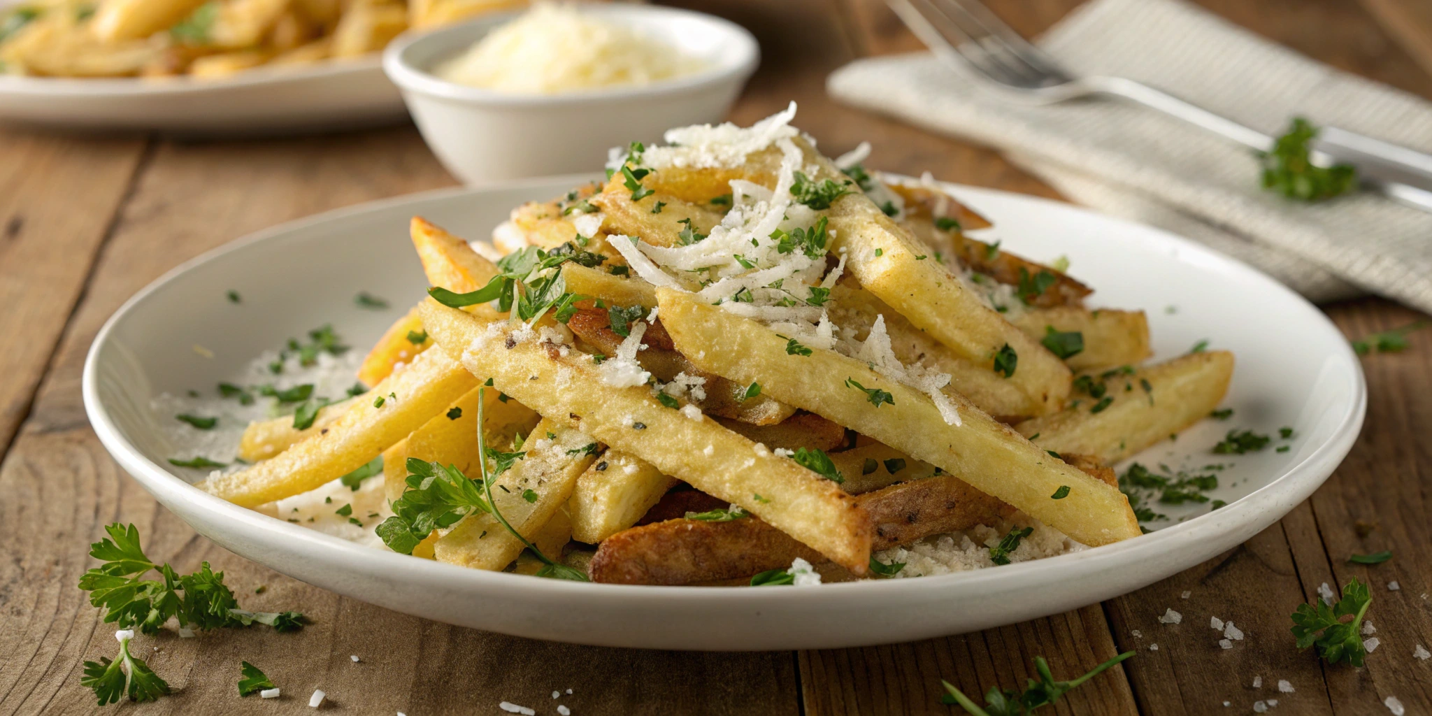 A plate of golden truffle fries garnished with parmesan and parsley.