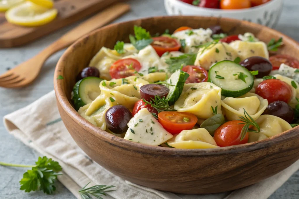 A fresh Greek tortellini salad with vibrant vegetables.