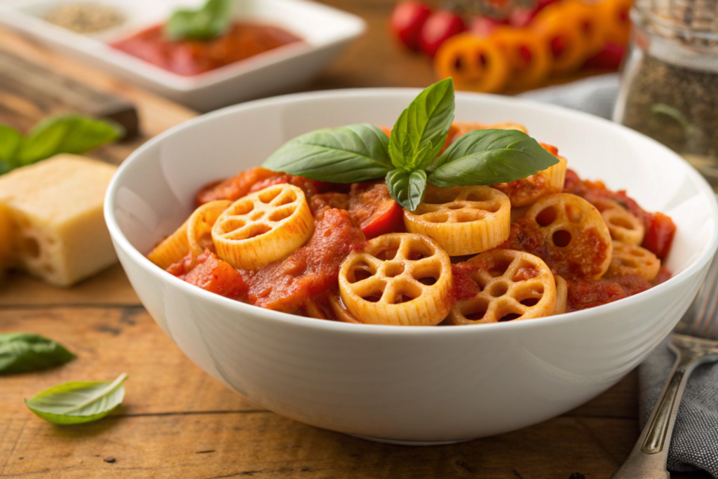 Bowl of cooked wagon wheels pasta with tomato sauce.