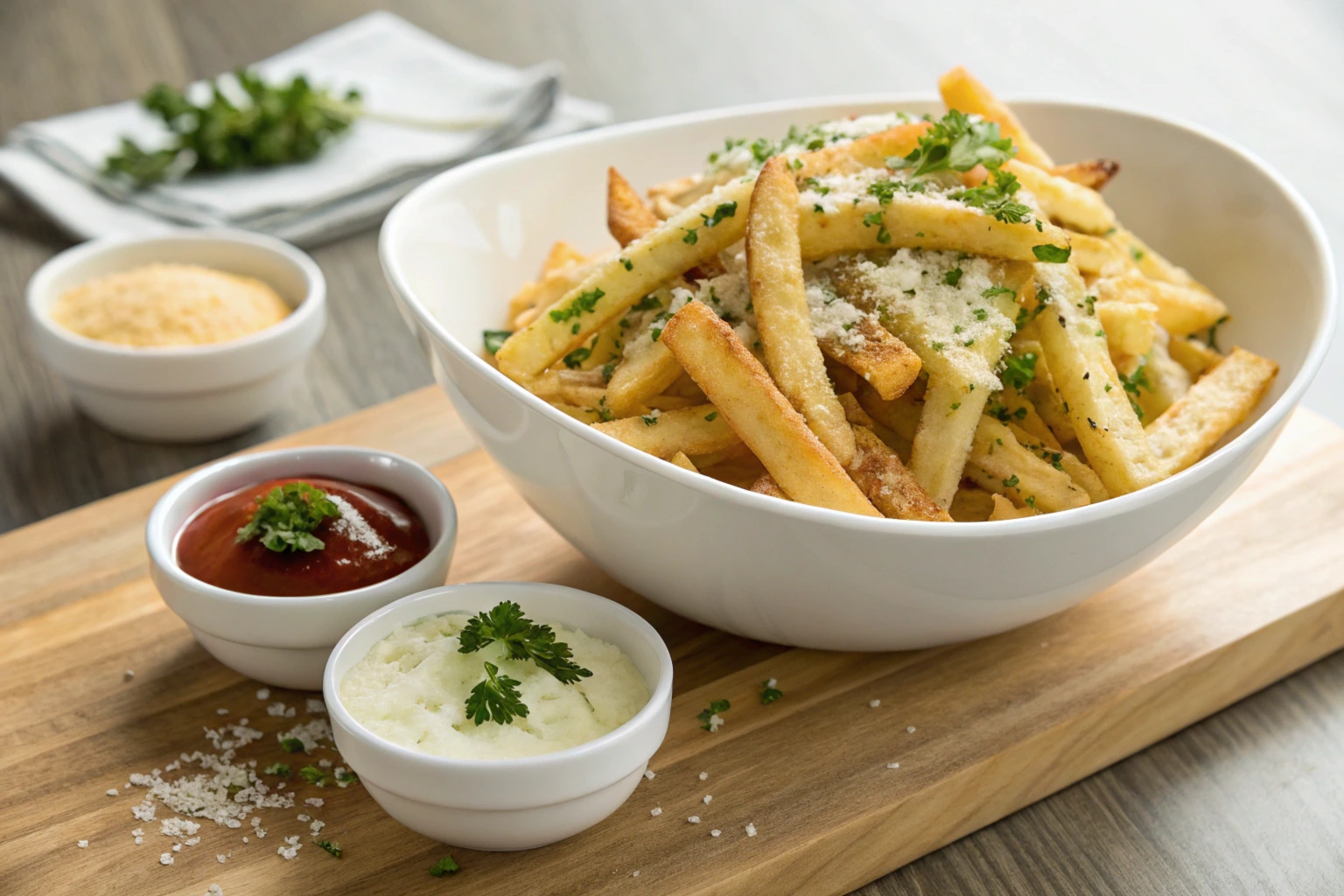 A serving of golden parmesan truffle fries with garnished herbs.