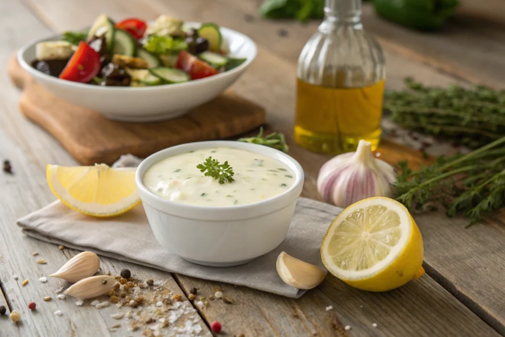 A bowl of creamy Greek salad dressing surrounded by fresh ingredients.