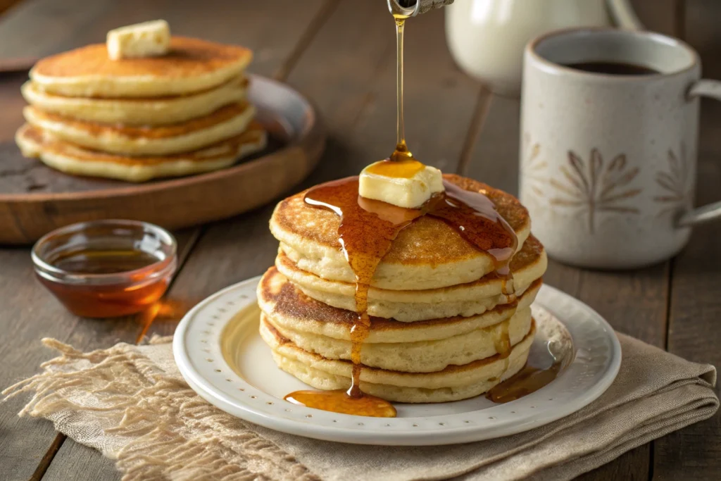 A stack of golden Cracker Barrel-style pancakes topped with melting butter and maple