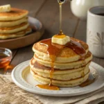 A stack of golden Cracker Barrel-style pancakes topped with melting butter and maple