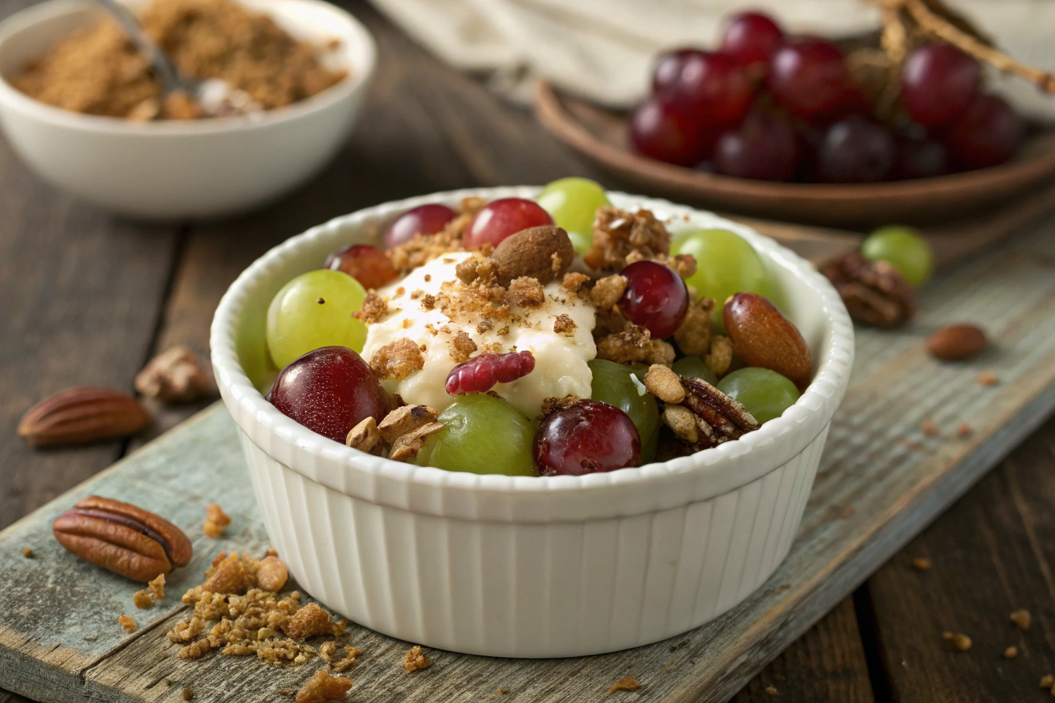 A bowl of creamy grape salad with fresh grapes and pecans.