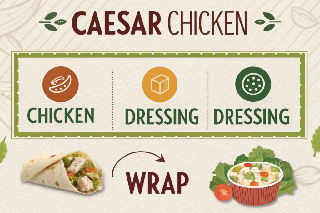 Calorie breakdown of a Caesar chicken wrap with ingredients.