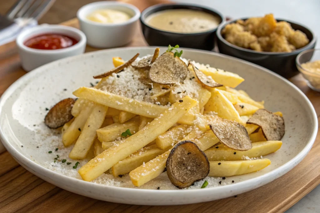 Golden parmesan and truffle fries served on a wooden platter.