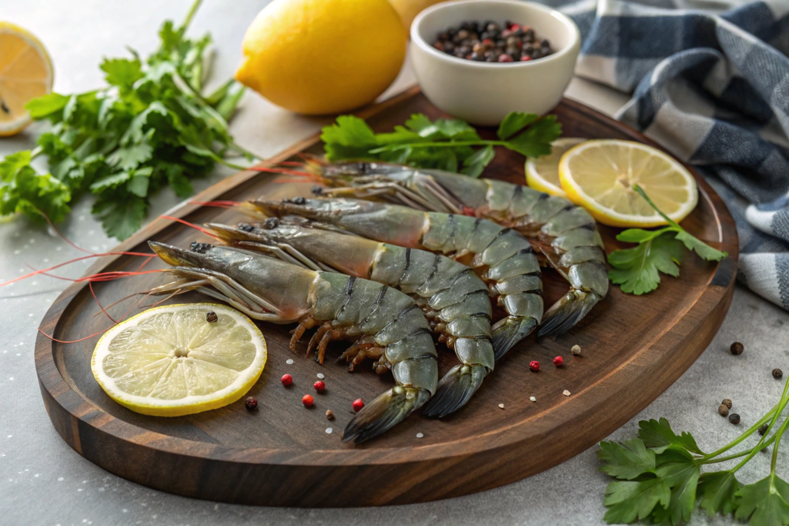 Black tiger shrimp displayed on a rustic platter with fresh herbs