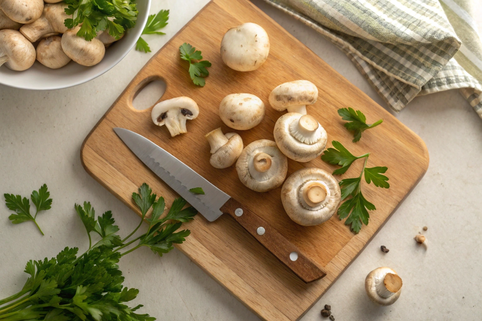 Fresh button mushrooms on a wooden board with a knife.