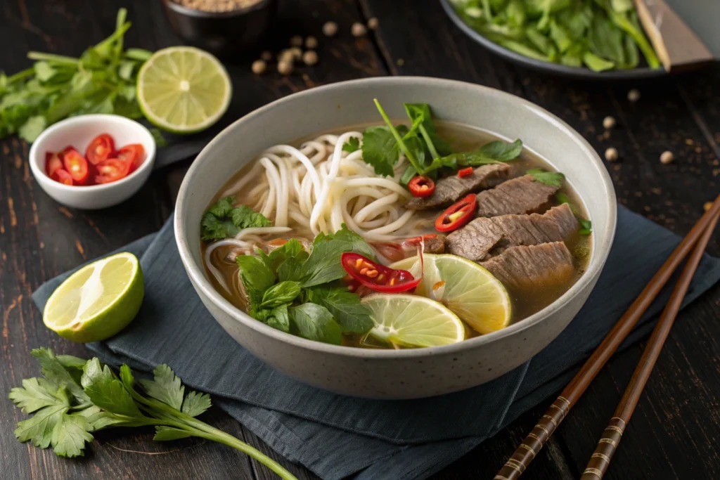 Vietnamese pho with bone broth and garnishes