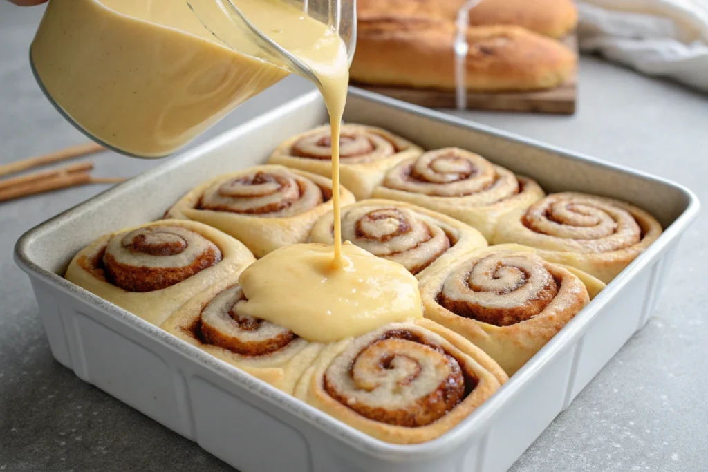 Layering cinnamon rolls and custard mixture in a baking dish