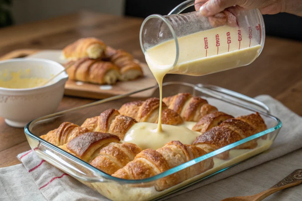 Layering croissants and custard in a baking dish.