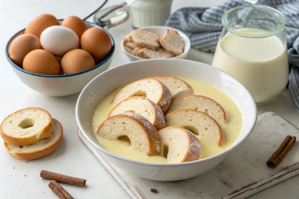 Slices of bagels soaking in custard mixture.