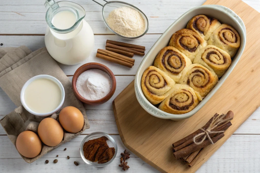 Ingredients for cinnamon roll French toast bake displayed neatly.
