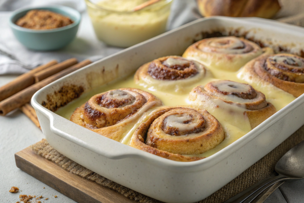 Cinnamon rolls baking in a casserole dish with custard mixture