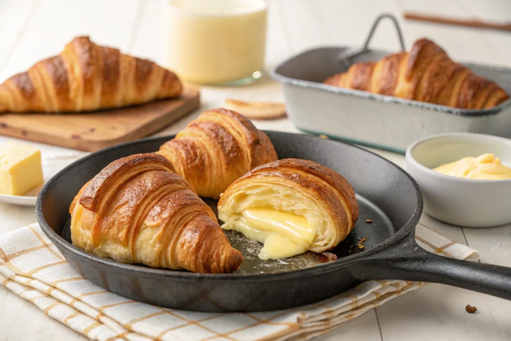 Croissant slices being cooked on a skillet, golden and crisp