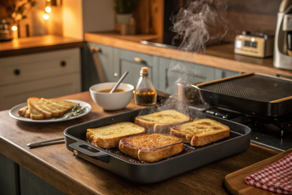 French toast cooking on a griddle for a golden-brown crust.