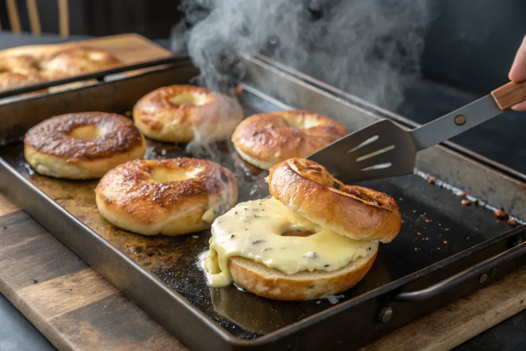 Bagel halves dipped in batter being cooked on a griddle.