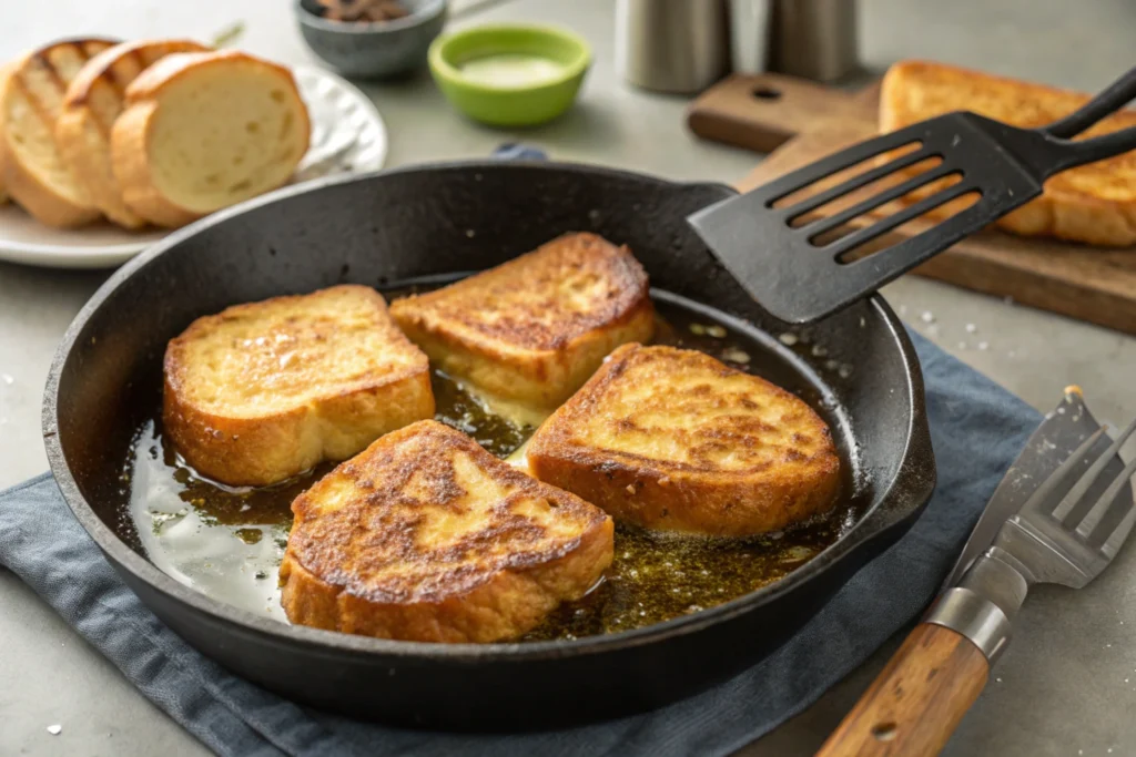 Hawaiian rolls French toast cooking on a skillet