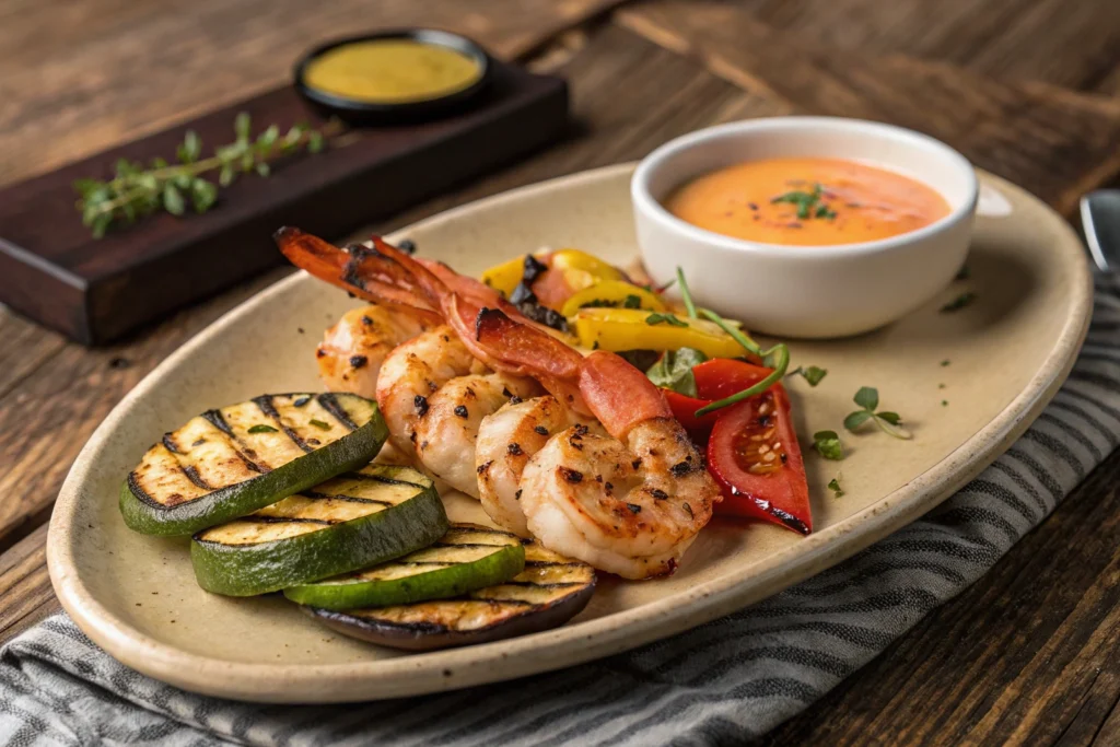 Grilled Langostino Tails served with vegetables and a side of dipping sauce