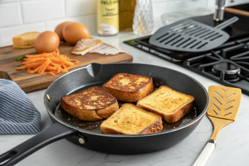 French toast slices cooking on a skillet for a golden-brown finish.