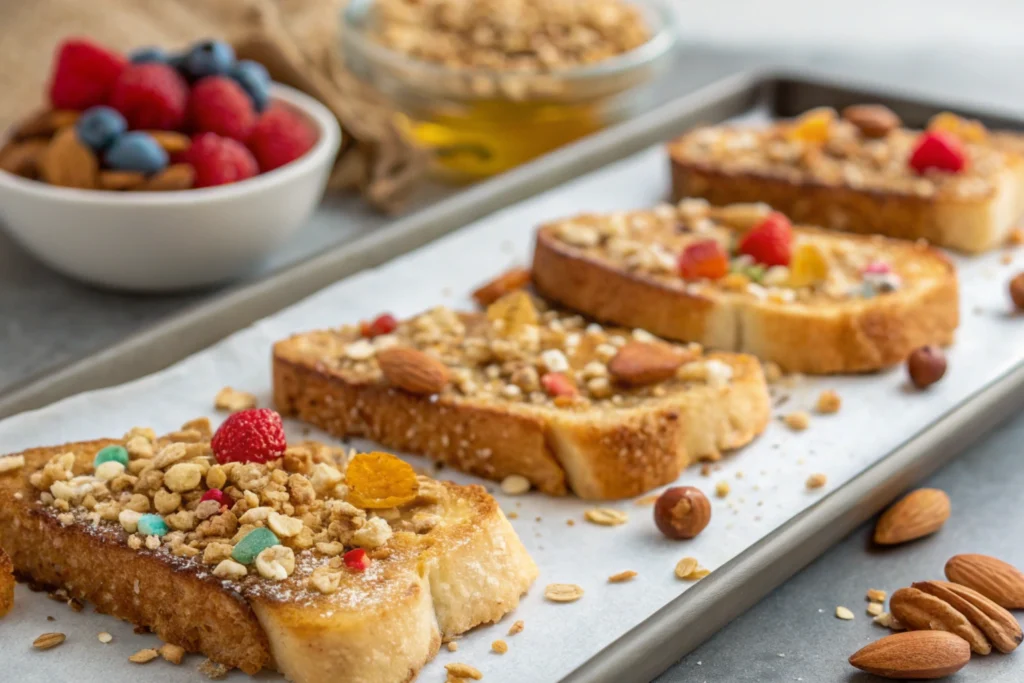 French toast coated with crushed cereal and nuts for extra crunch.