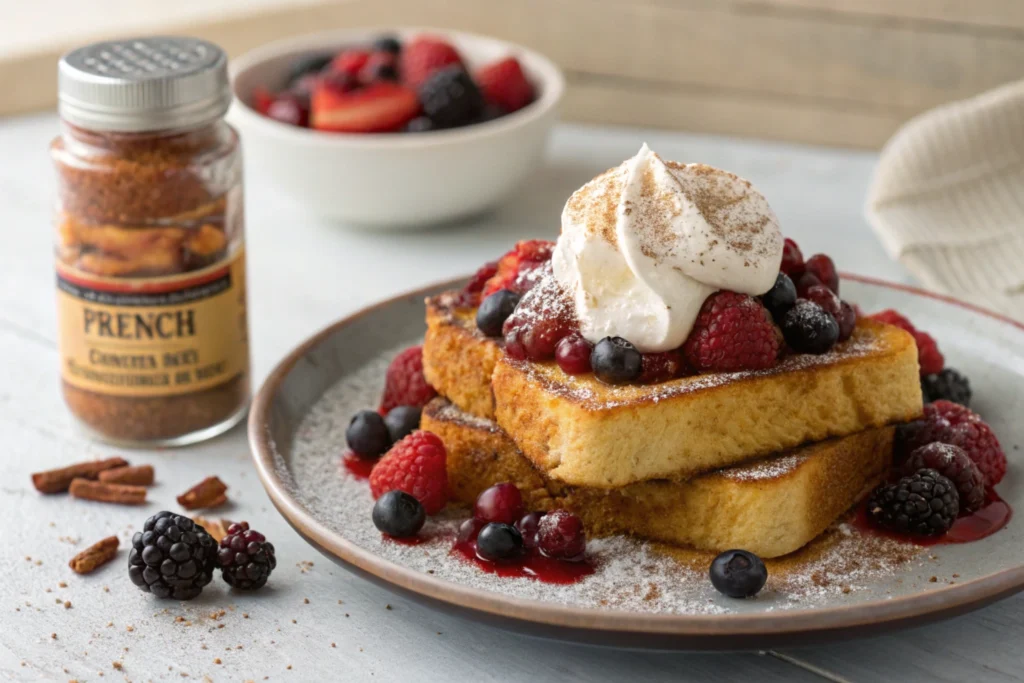 French toast topped with whipped cream and spiced compote