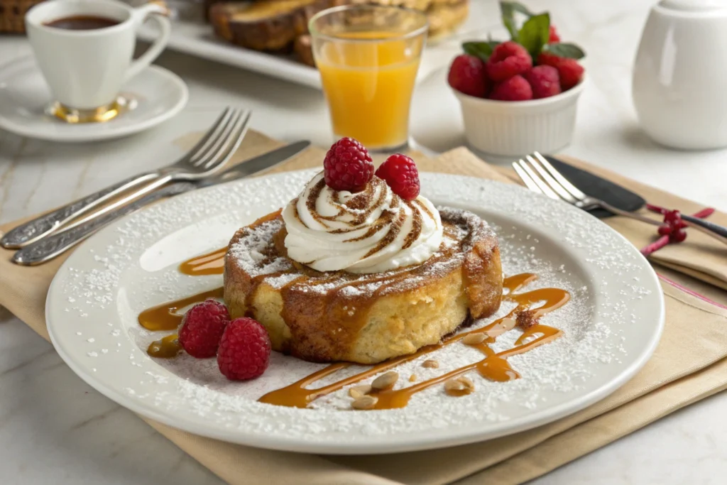 Cinnamon roll French toast topped with whipped cream and berries.