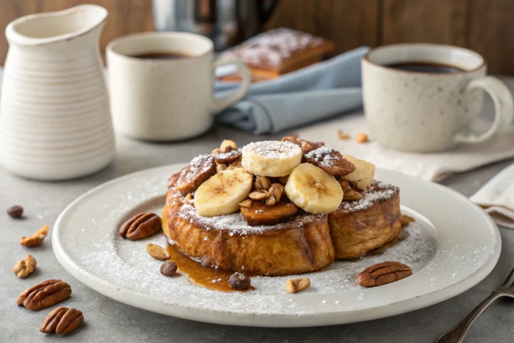 Croissant French toast bake topped with caramelized bananas and nuts