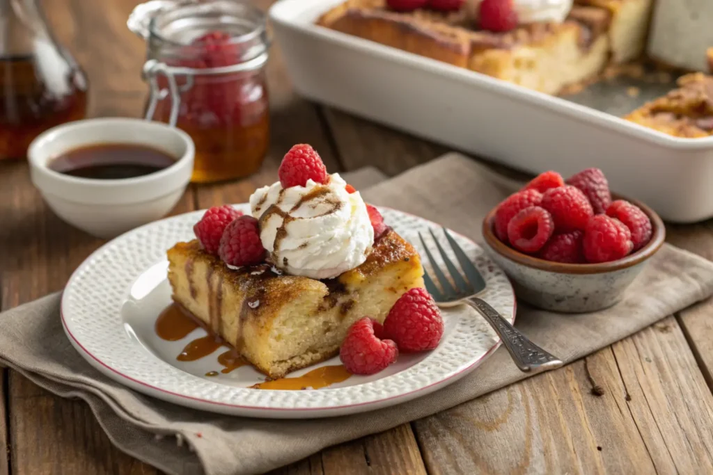 Cinnamon roll French toast bake topped with berries and icing