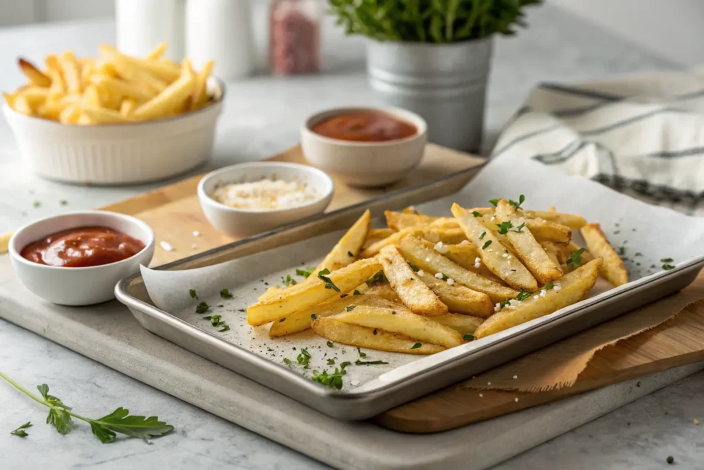 Golden French fries being prepared and served