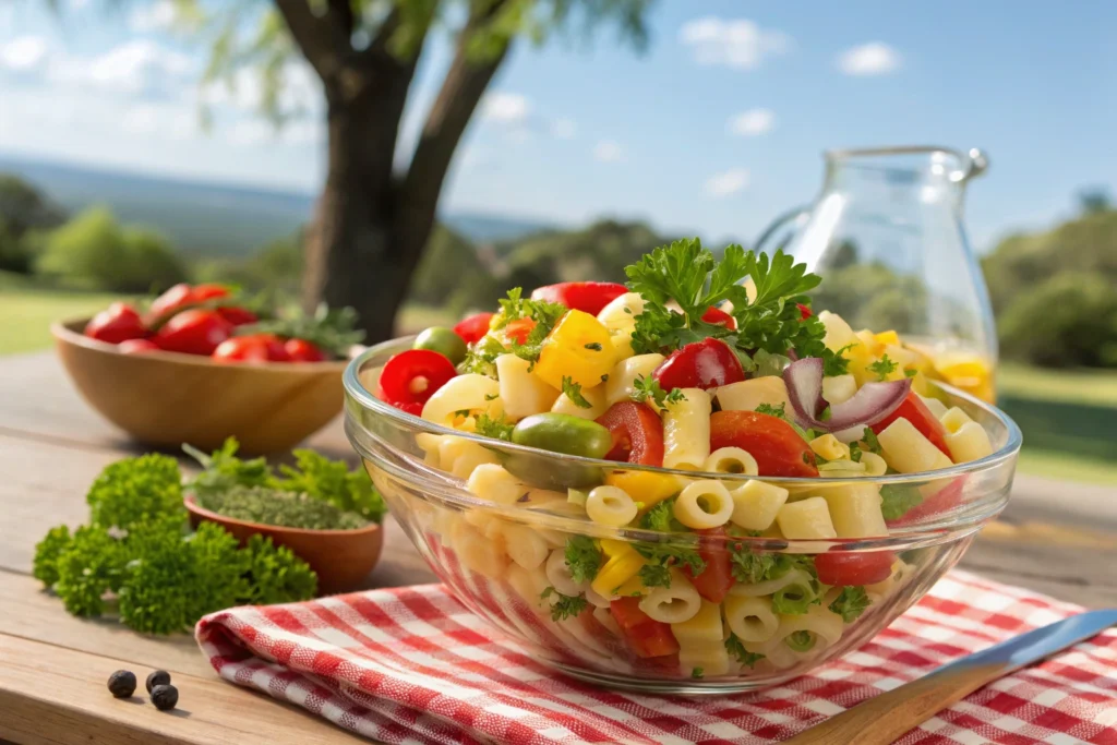 Ditalini Pasta in a pasta salad with fresh vegetables and herbs