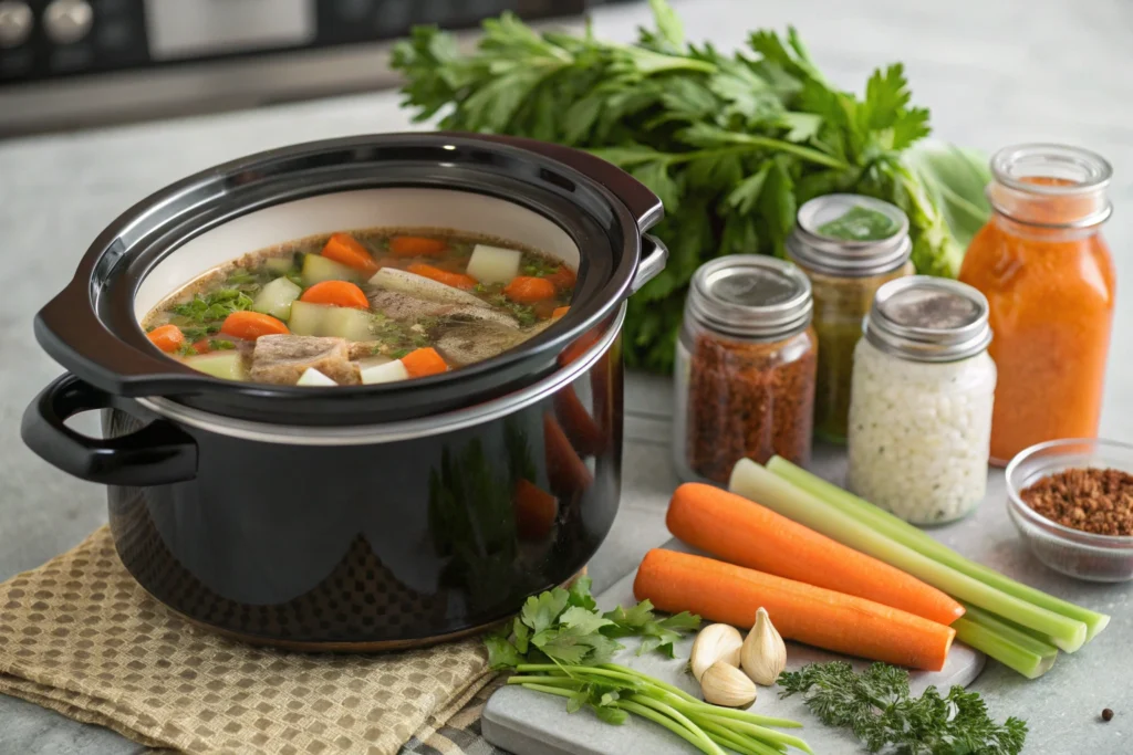 Slow cooker filled with soup bones and vegetables