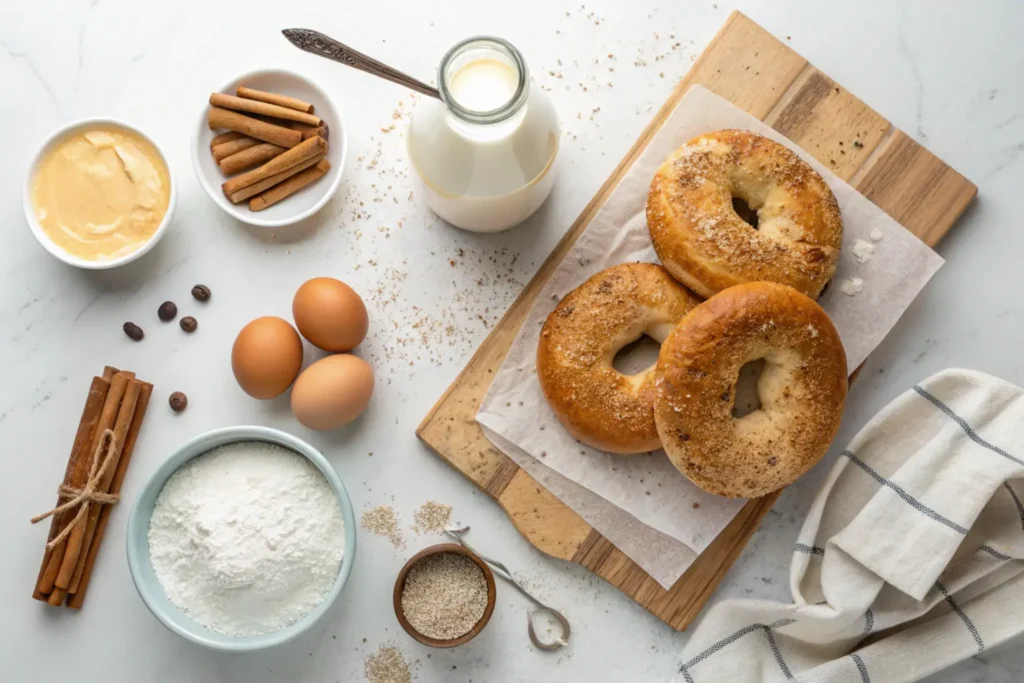 Ingredients for French toast bagels on a kitchen counter