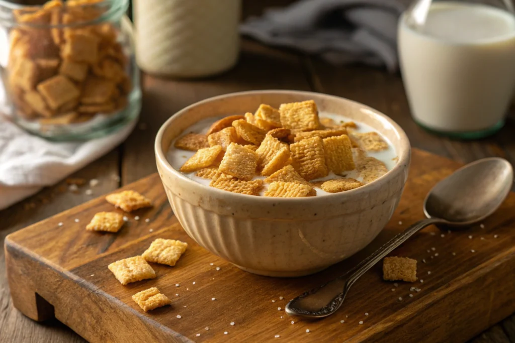 A bowl of French Toast Crunch cereal on a wooden table.