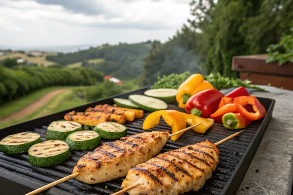 Chicken sticks cooking on a grill with char marks.