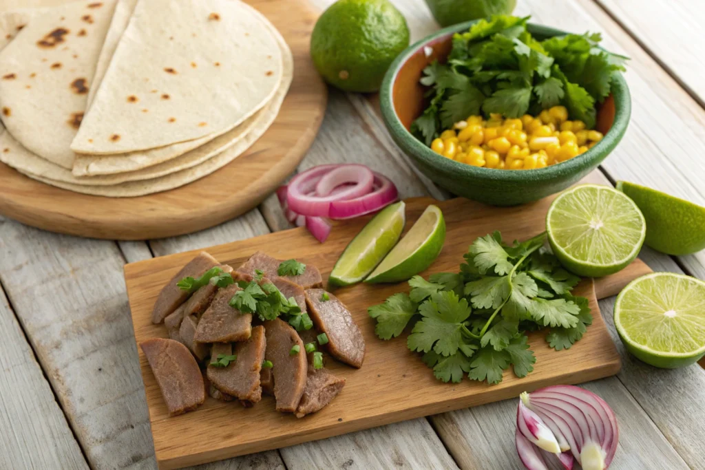 Fresh ingredients for Tacos de Lengua laid out on a table